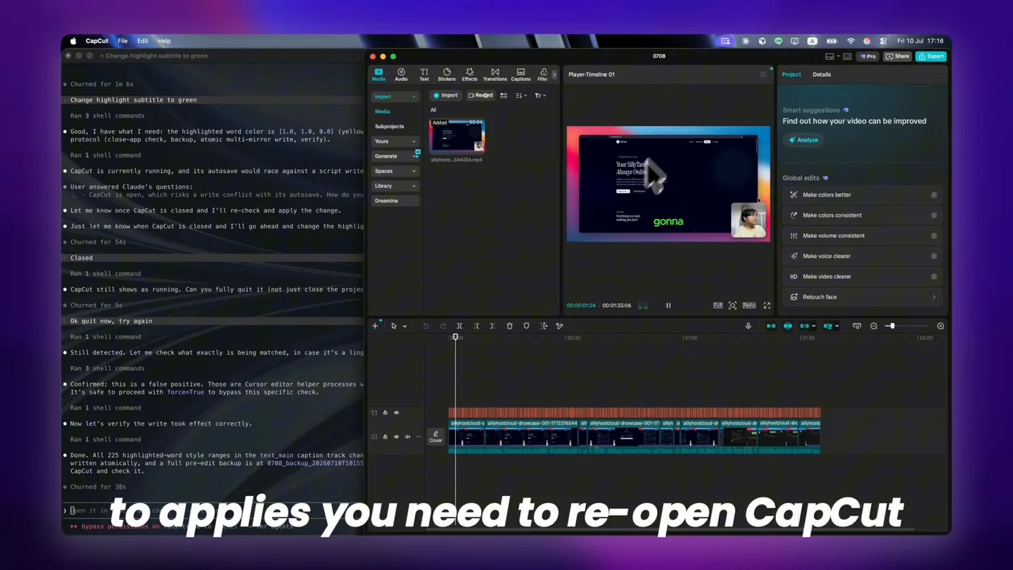 Real CapCut project reopened with green caption highlighting after a Claude Code edit